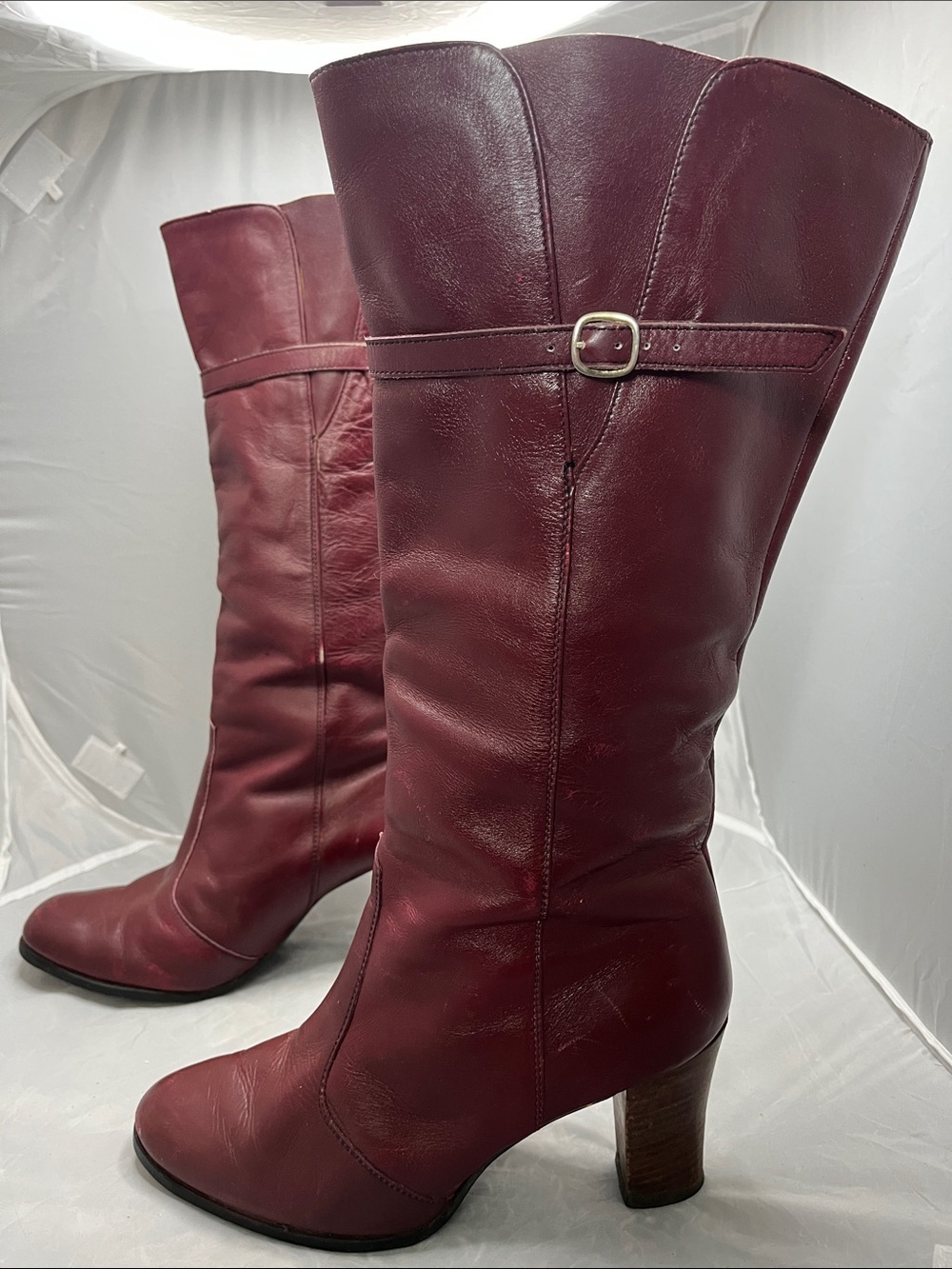 Vintage Women's Tall Leather Heeled Boots in Burgundy Red "Jill" - Size 7
